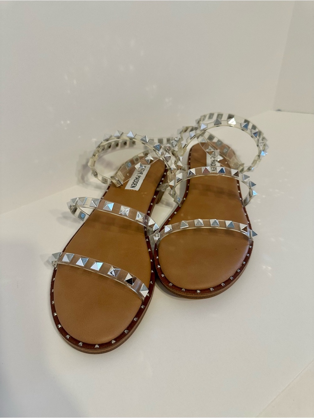 Steve Madden Clear Stud Pyramid-Trim Sandals with Tan Footbed